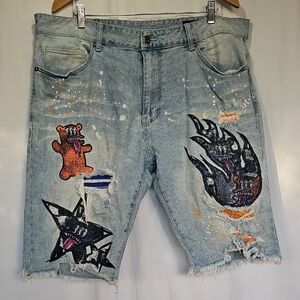 Smoke Rise, Light Blue Graphic Jean Shorts